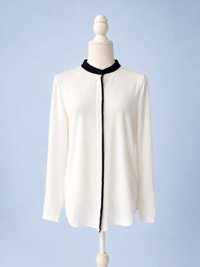 Basement Collection Ivory Contrast Trim Long Sleeve Blouse